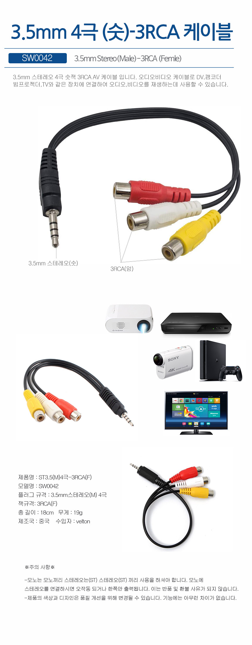 SW0042_3.5mm4극(숫)-3RCA 12cm 스테레오케이블